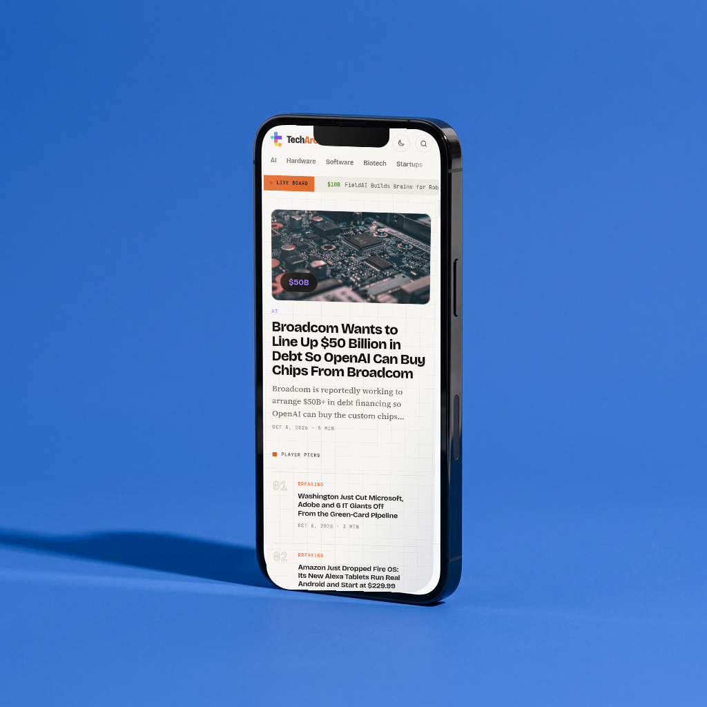 Tech Arcade news app on a phone against a blue backdrop