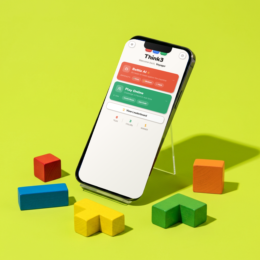Think3Game puzzle grid on a phone surrounded by wooden blocks