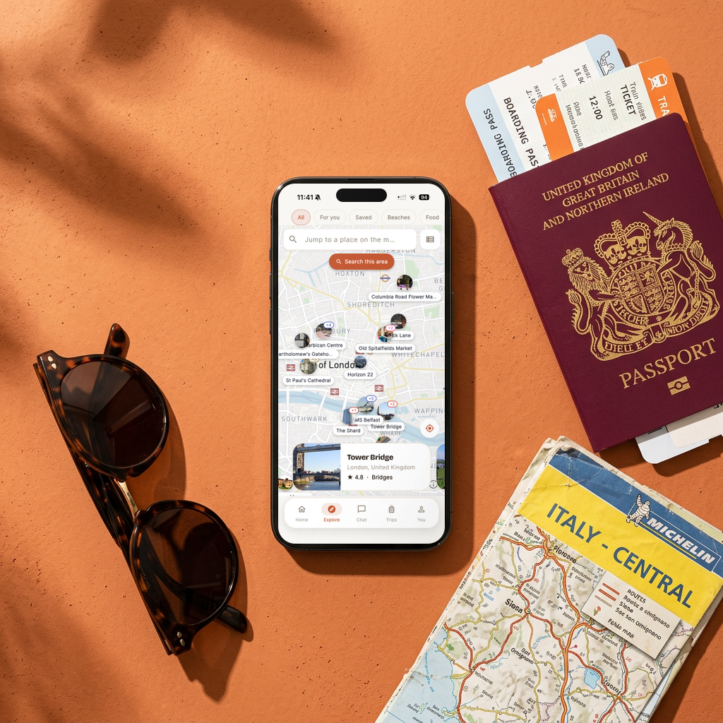 VoyaBear itinerary on a phone beside a passport and map