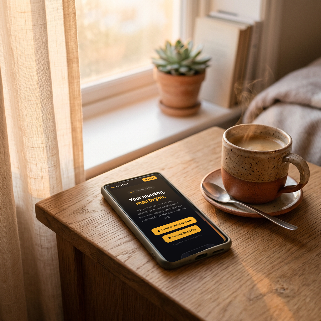 VoyaFlow morning briefing on a phone on a bedside table at sunrise
